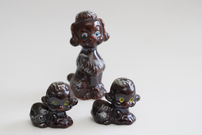 photo of vintage Japan redware pottery poodle dog & puppies, hand painted ceramic figurines #1