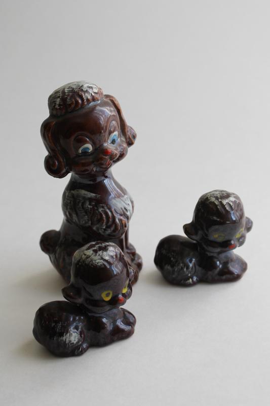 photo of vintage Japan redware pottery poodle dog & puppies, hand painted ceramic figurines #5