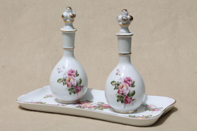 photo of vintage Japan rose porcelain vanity table set, china dresser tray & perfume scent bottles #1