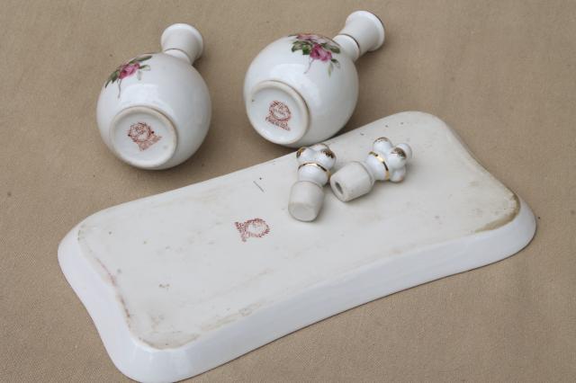 photo of vintage Japan rose porcelain vanity table set, china dresser tray & perfume scent bottles #2