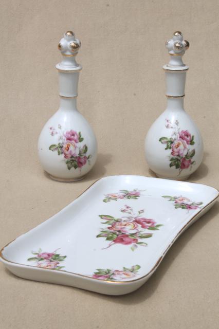 photo of vintage Japan rose porcelain vanity table set, china dresser tray & perfume scent bottles #5