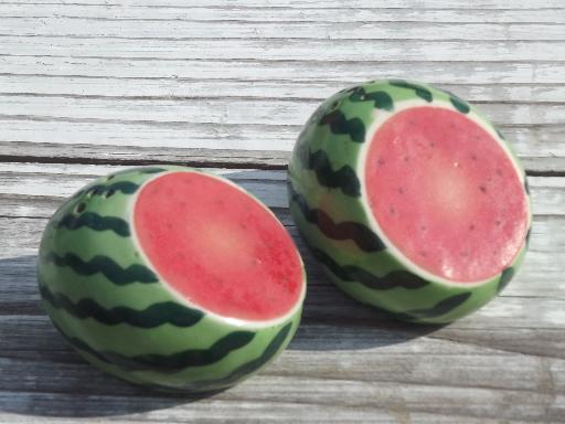 photo of vintage Japan salt and pepper shakers, striped watermelon S&P set #1