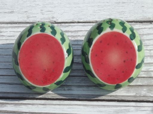 photo of vintage Japan salt and pepper shakers, striped watermelon S&P set #2