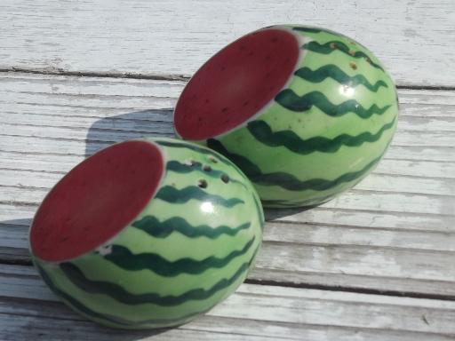 photo of vintage Japan salt and pepper shakers, striped watermelon S&P set #3