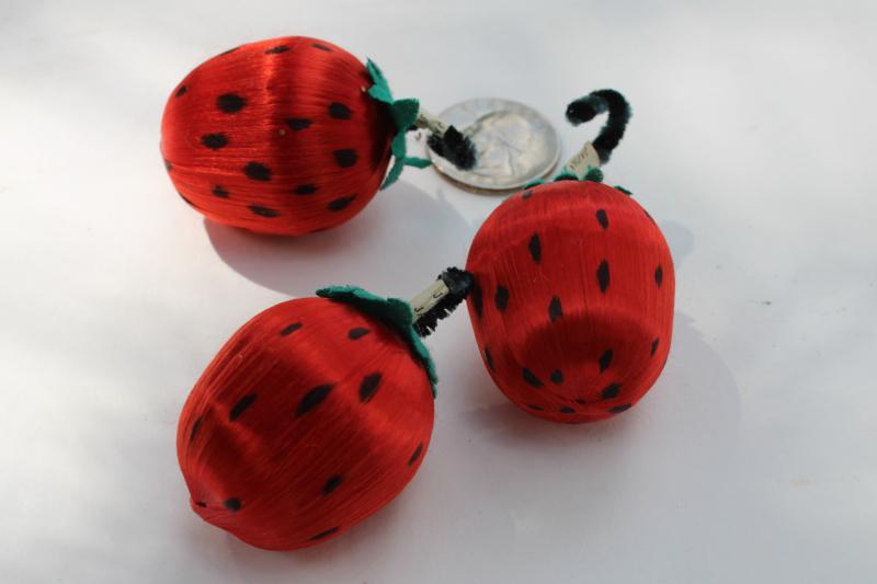 photo of vintage Japan satin ball strawberries, 1950s Christmas ornaments w/ chenille stems #1