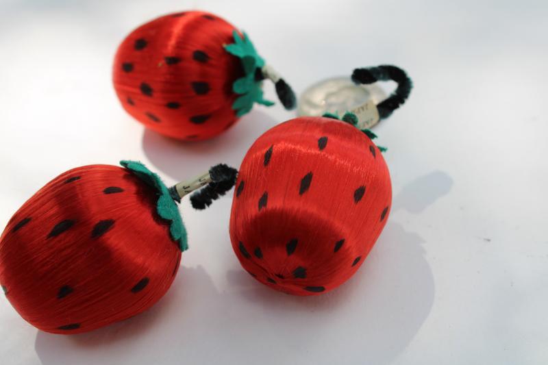 photo of vintage Japan satin ball strawberries, 1950s Christmas ornaments w/ chenille stems #2