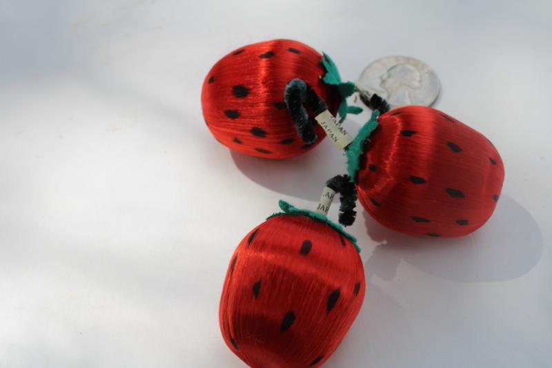 photo of vintage Japan satin ball strawberries, 1950s Christmas ornaments w/ chenille stems #3