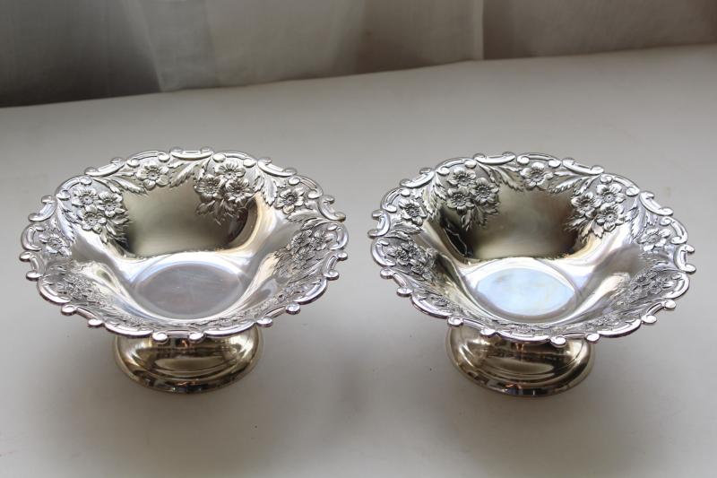 photo of vintage Japan silver plated bonbon bowls, pair of candy dishes w/ ornate floral pattern #2