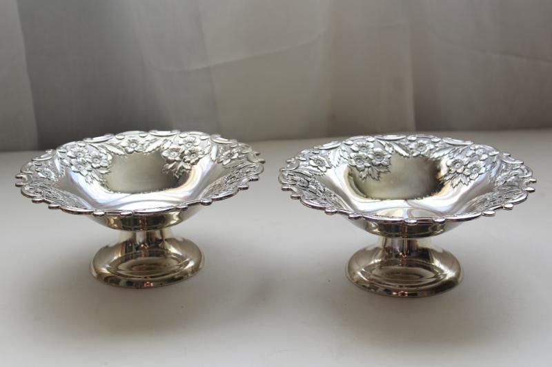 photo of vintage Japan silver plated bonbon bowls, pair of candy dishes w/ ornate floral pattern #3