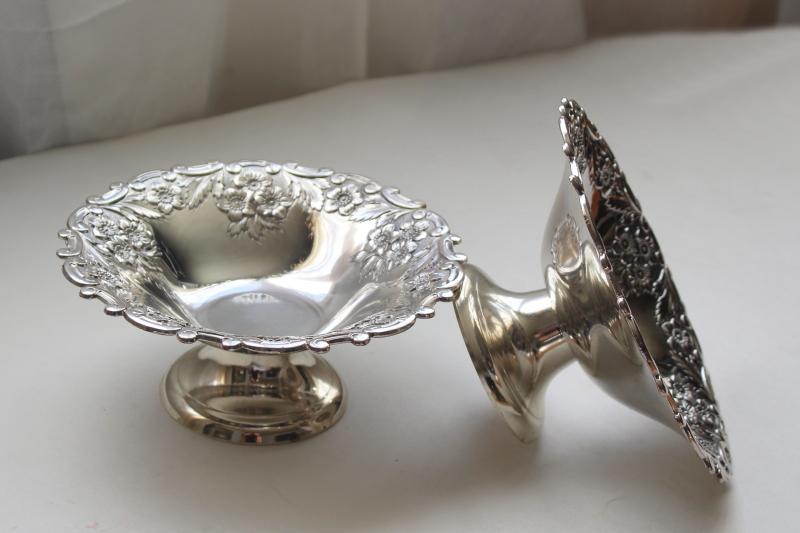 photo of vintage Japan silver plated bonbon bowls, pair of candy dishes w/ ornate floral pattern #4