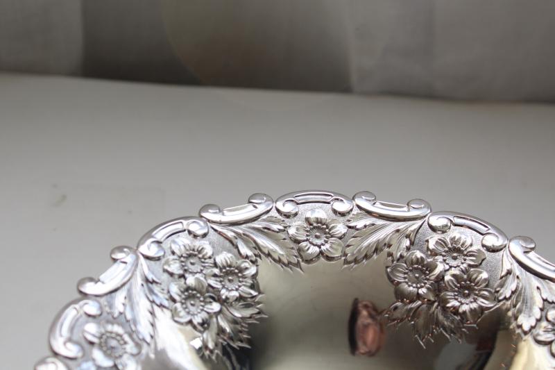 photo of vintage Japan silver plated bonbon bowls, pair of candy dishes w/ ornate floral pattern #5