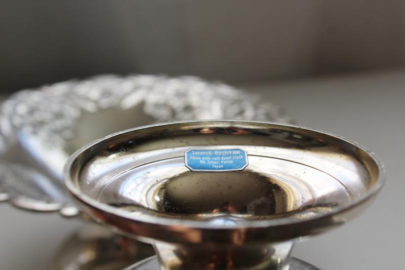 photo of vintage Japan silver plated bonbon bowls, pair of candy dishes w/ ornate floral pattern #6