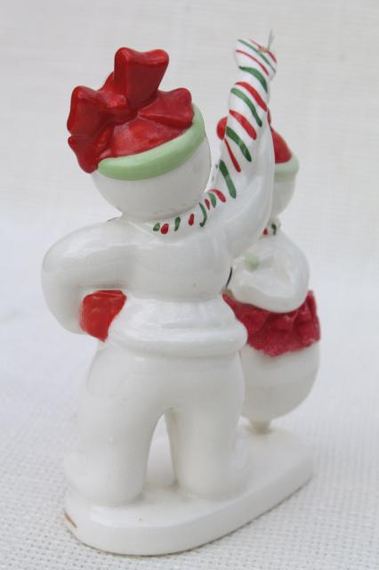 photo of vintage Japan snowmen, Christmas snowman china figurine holds pirouette dancer girl #4