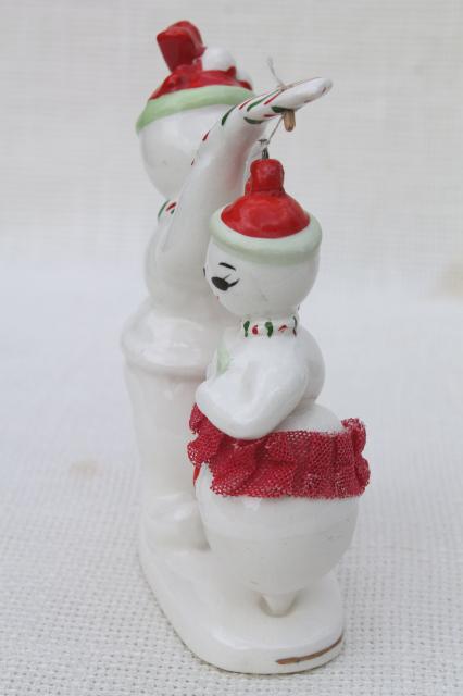 photo of vintage Japan snowmen, Christmas snowman china figurine holds pirouette dancer girl #6
