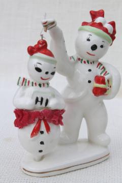 catalog photo of vintage Japan snowmen, Christmas snowman china figurine holds pirouette dancer girl