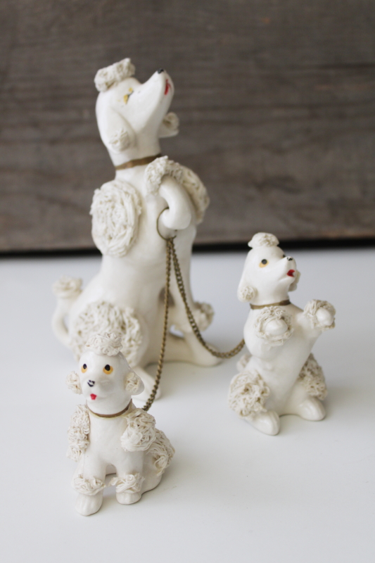 photo of vintage Japan spaghetti ceramic figurines, snooty poodle dog, mama w/ puppies #1