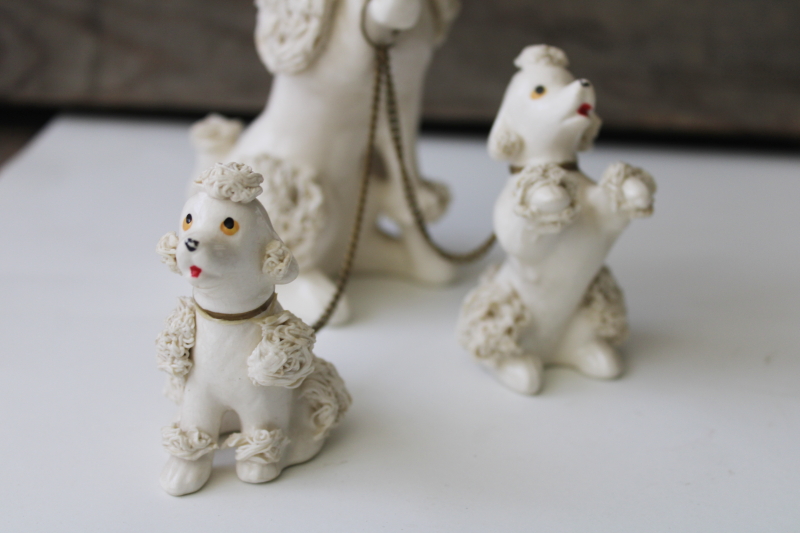 photo of vintage Japan spaghetti ceramic figurines, snooty poodle dog, mama w/ puppies #2