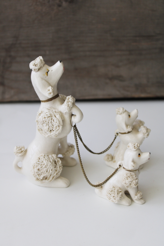 photo of vintage Japan spaghetti ceramic figurines, snooty poodle dog, mama w/ puppies #4