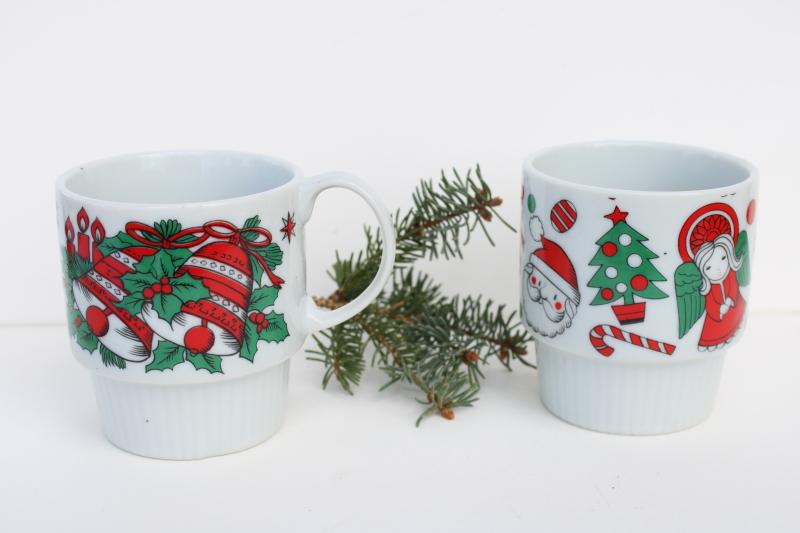 photo of vintage Japan stackable ceramic mugs, Christmas angel, Santa, red & green holly #1