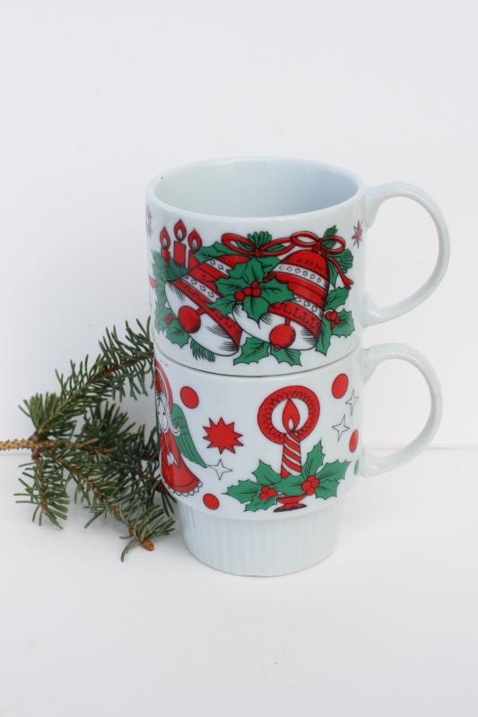 photo of vintage Japan stackable ceramic mugs, Christmas angel, Santa, red & green holly #2