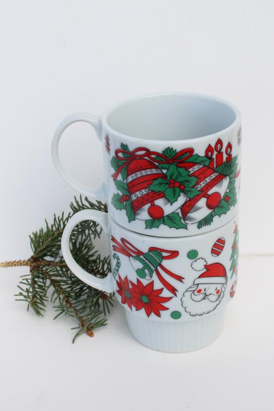 photo of vintage Japan stackable ceramic mugs, Christmas angel, Santa, red & green holly #3