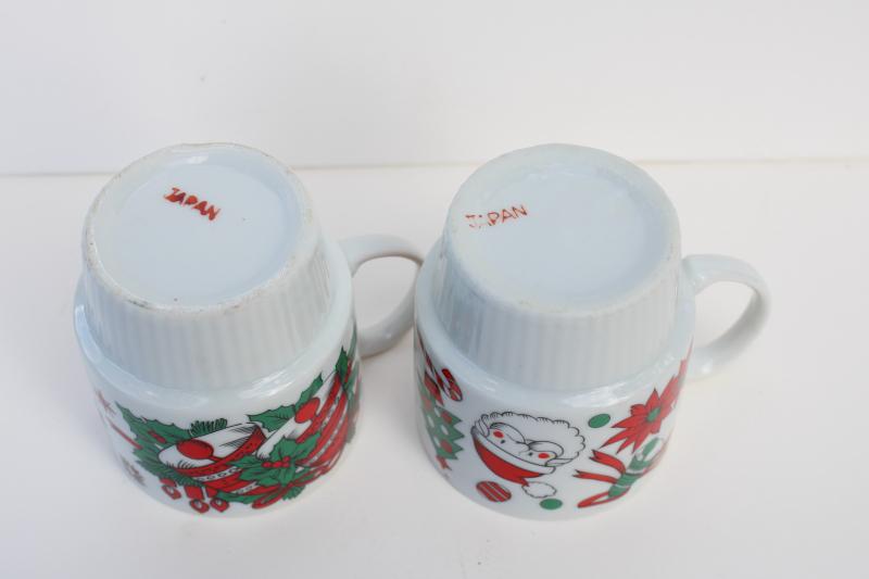 photo of vintage Japan stackable ceramic mugs, Christmas angel, Santa, red & green holly #6