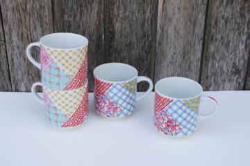 catalog photo of vintage Japan stackable ceramic mugs w/ girly pink patchwork print, cottage core coffee cups 