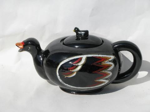 photo of vintage Japan stacking teapot, hand-painted duck, drake & duckling family #3