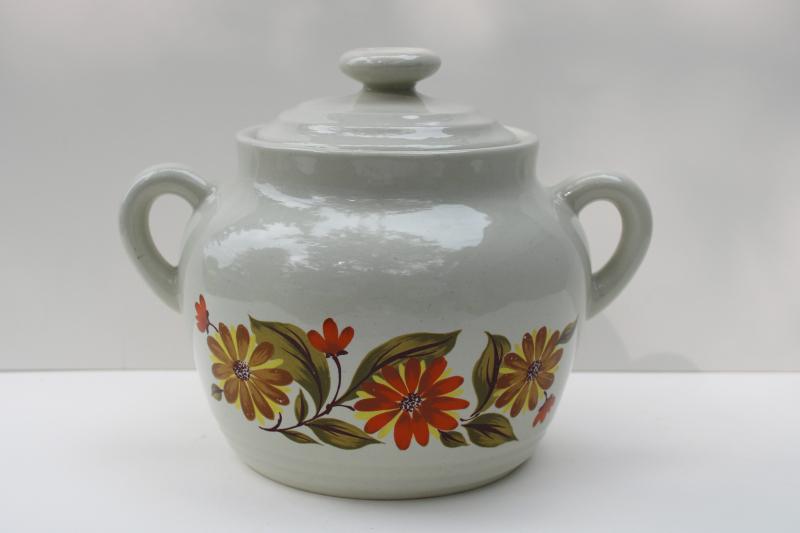 photo of vintage Japan stoneware bean pot Capri JMP, fall flowers ceramic cookie jar #1