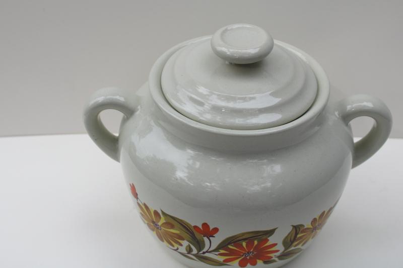photo of vintage Japan stoneware bean pot Capri JMP, fall flowers ceramic cookie jar #2