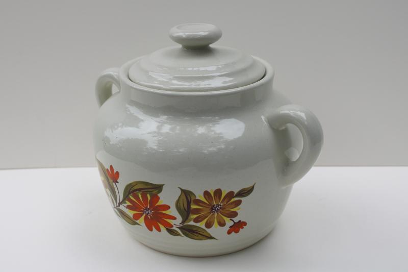 photo of vintage Japan stoneware bean pot Capri JMP, fall flowers ceramic cookie jar #7