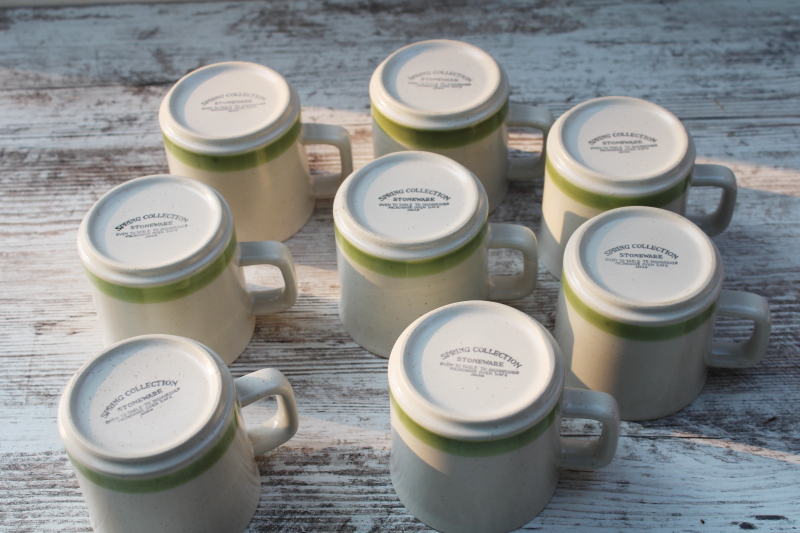 photo of vintage Japan stoneware mugs, never used set of 8 cups, Stonybrook spring green band  #6
