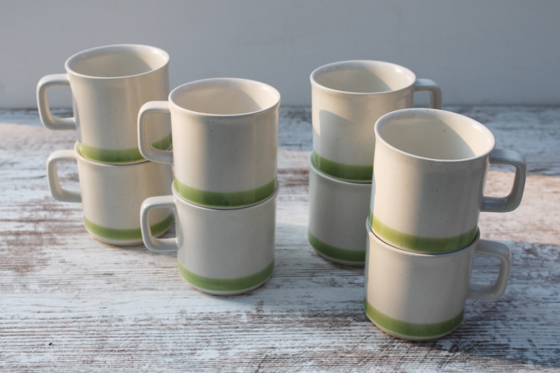 photo of vintage Japan stoneware mugs, never used set of 8 cups, Stonybrook spring green band  #7