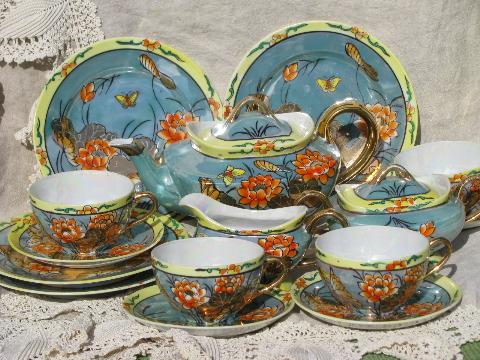 photo of vintage Japan tea set, jade and orange luster china, oriental flowers #1