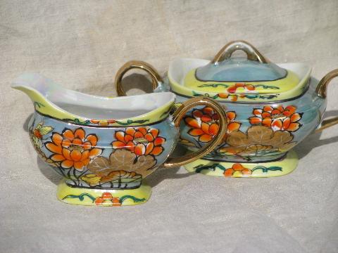 photo of vintage Japan tea set, jade and orange luster china, oriental flowers #8