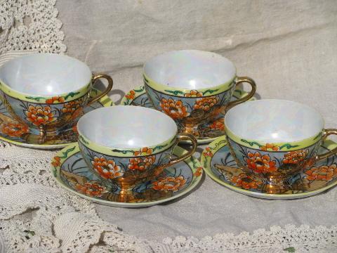 photo of vintage Japan tea set, jade and orange luster china, oriental flowers #9