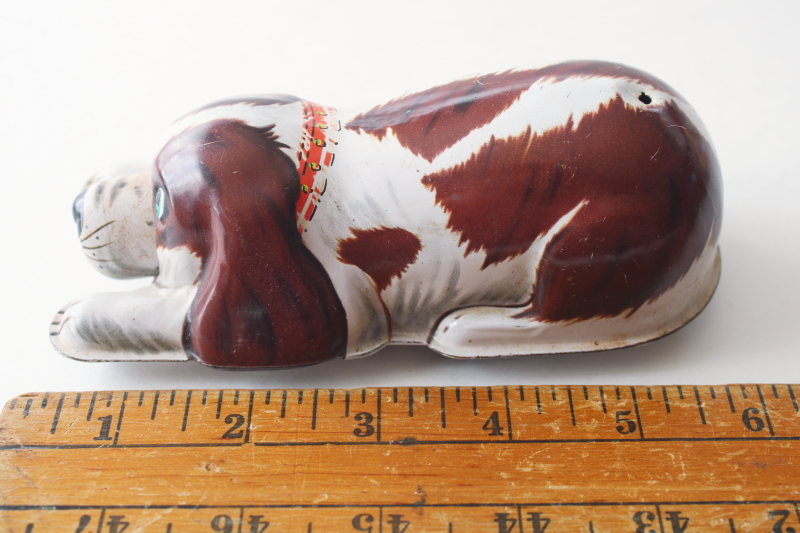 photo of vintage Japan tin toy dog, brown & white sniffing beagle puppy working wind up toy #2