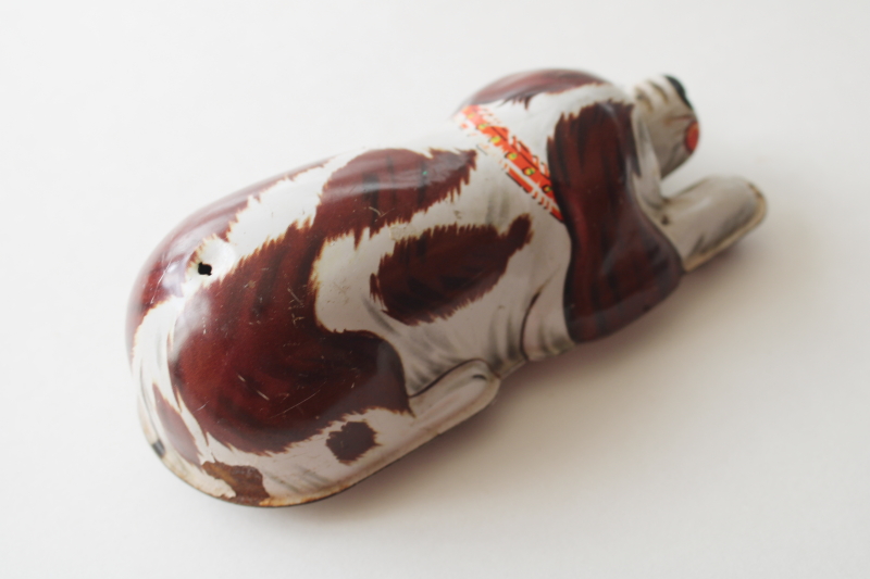 photo of vintage Japan tin toy dog, brown & white sniffing beagle puppy working wind up toy #3