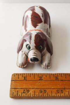 vintage Japan tin toy dog, brown & white sniffing beagle puppy working wind up toy 