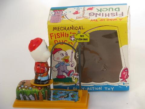 photo of vintage Japan wind-up tin litho toy in box, mechanical fishing duck #1