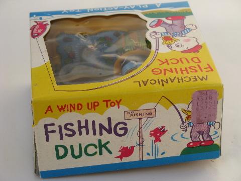 photo of vintage Japan wind-up tin litho toy in box, mechanical fishing duck #2