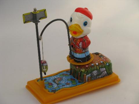 photo of vintage Japan wind-up tin litho toy in box, mechanical fishing duck #4