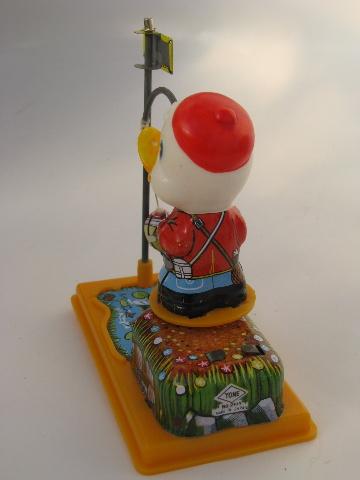 photo of vintage Japan wind-up tin litho toy in box, mechanical fishing duck #6