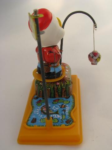 photo of vintage Japan wind-up tin litho toy in box, mechanical fishing duck #7