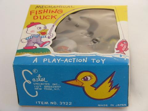 photo of vintage Japan wind-up tin litho toy in box, mechanical fishing duck #9