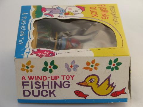 photo of vintage Japan wind-up tin litho toy in box, mechanical fishing duck #10