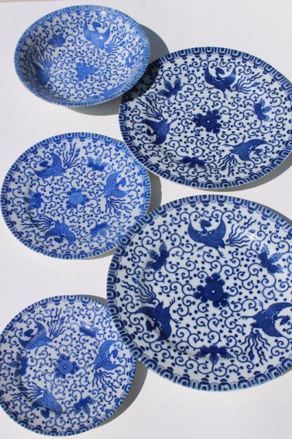 photo of vintage Japanese blue & white china Phoenix ware birds pattern dishes, plates & bowl #4