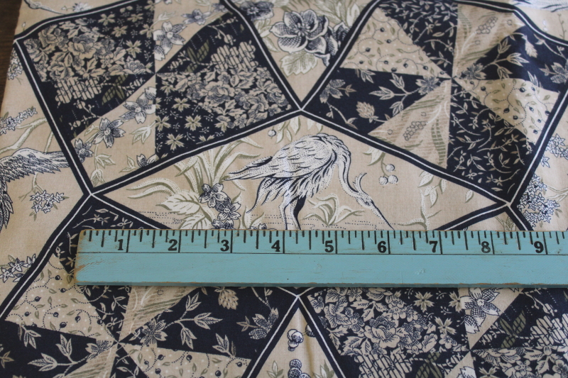 photo of vintage Japanese cranes print cotton fabric, patchwork quilt design blues on linen color  #2