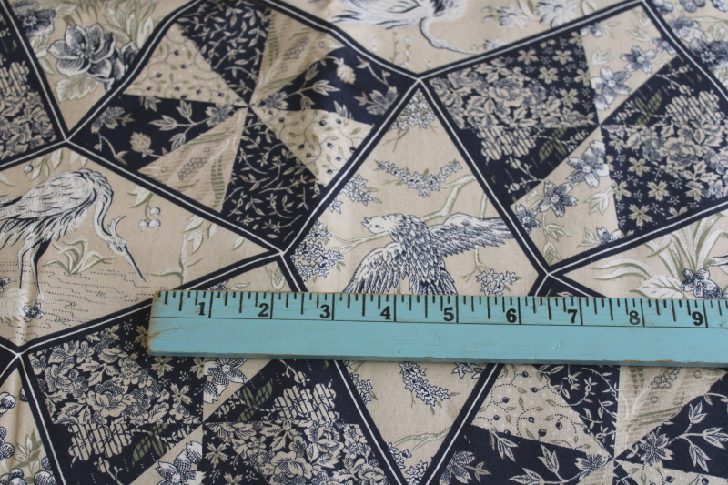 photo of vintage Japanese cranes print cotton fabric, patchwork quilt design blues on linen color  #4