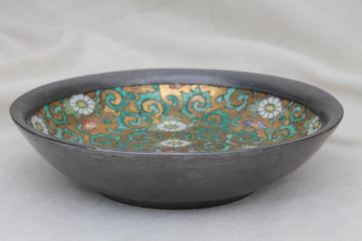 photo of vintage Japanese porcelain bowl, hand-painted china bowl w/ pewter cladding #1